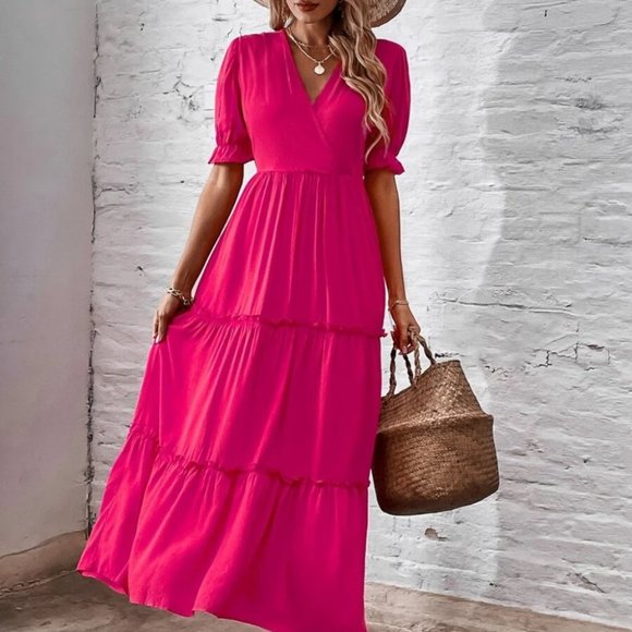 HOT PINK V-Neck Frill Trim Dress - Picture 2 of 7